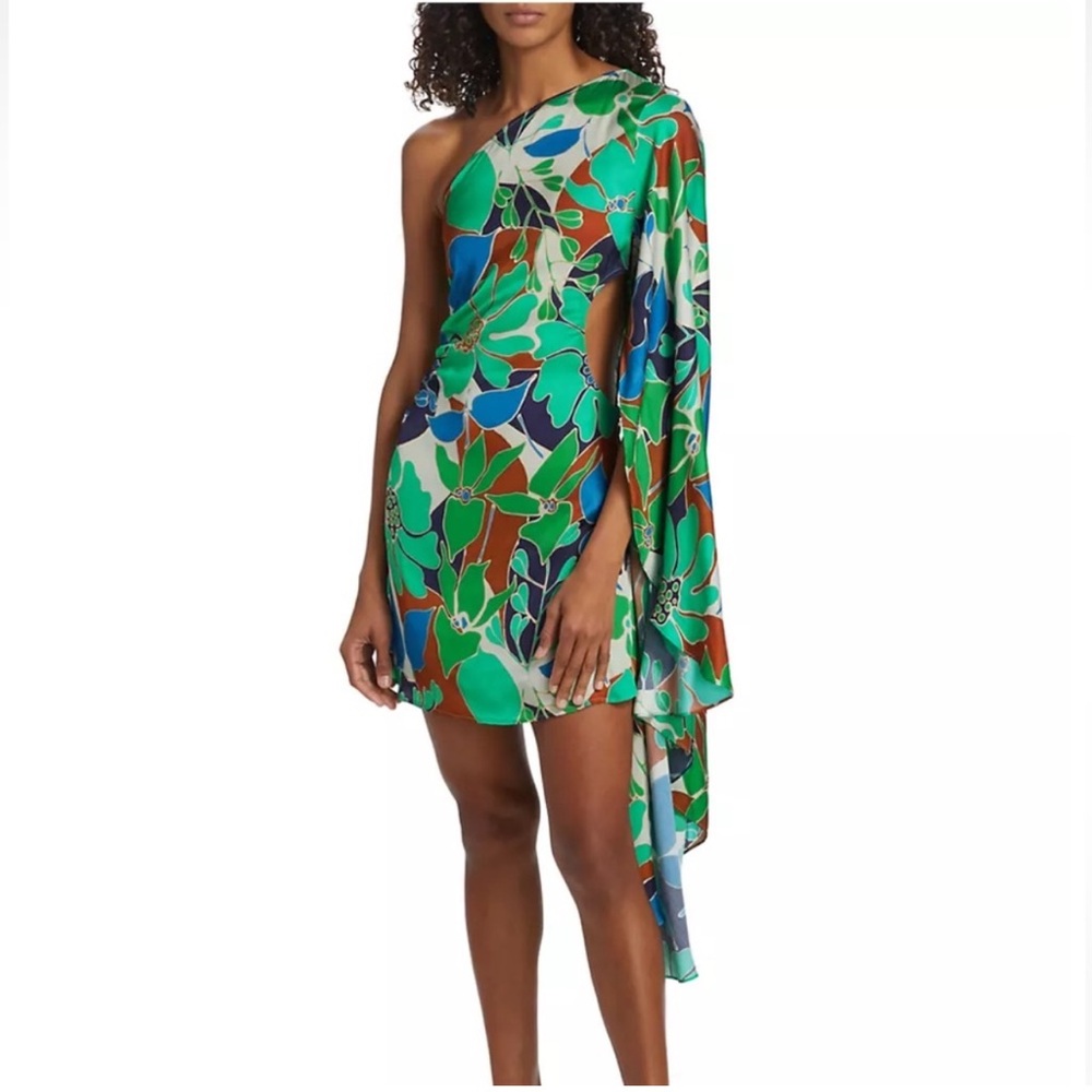 cult gaia One-Shoulder Floral Mini Dress in Green, Blue, Brown - Picture 2 of 5